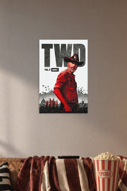 The Walking Dead Rick Grimes in a cozy movie room above a brown sofa with popcorn.