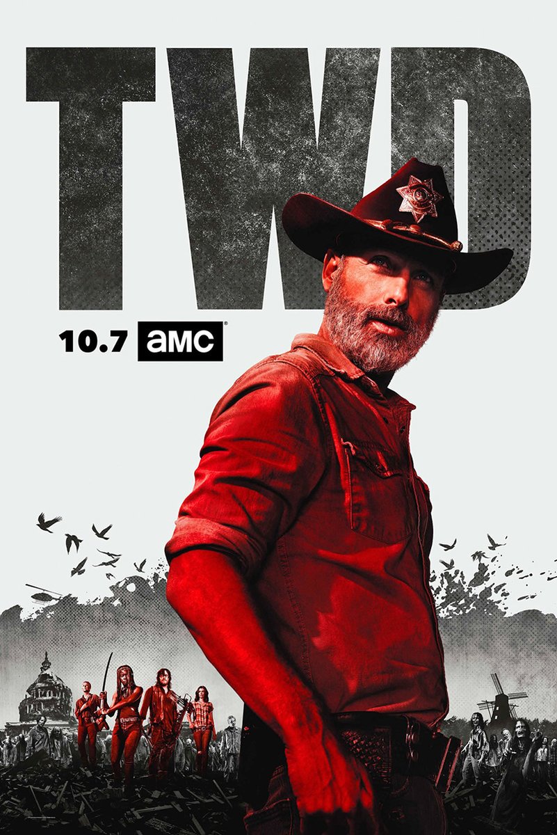 The Walking Dead poster features Rick Grimes in a sheriff hat and red shirt before walkers, birds, and bold TWD lettering.