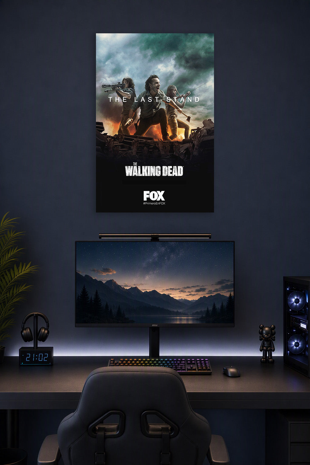 The Walking Dead 'The Last Stand' in a gaming desk setup above a monitor.