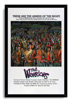 The Warriors framed wall art print features a black frame around a crowded gang illustration and vivid purple-green title.