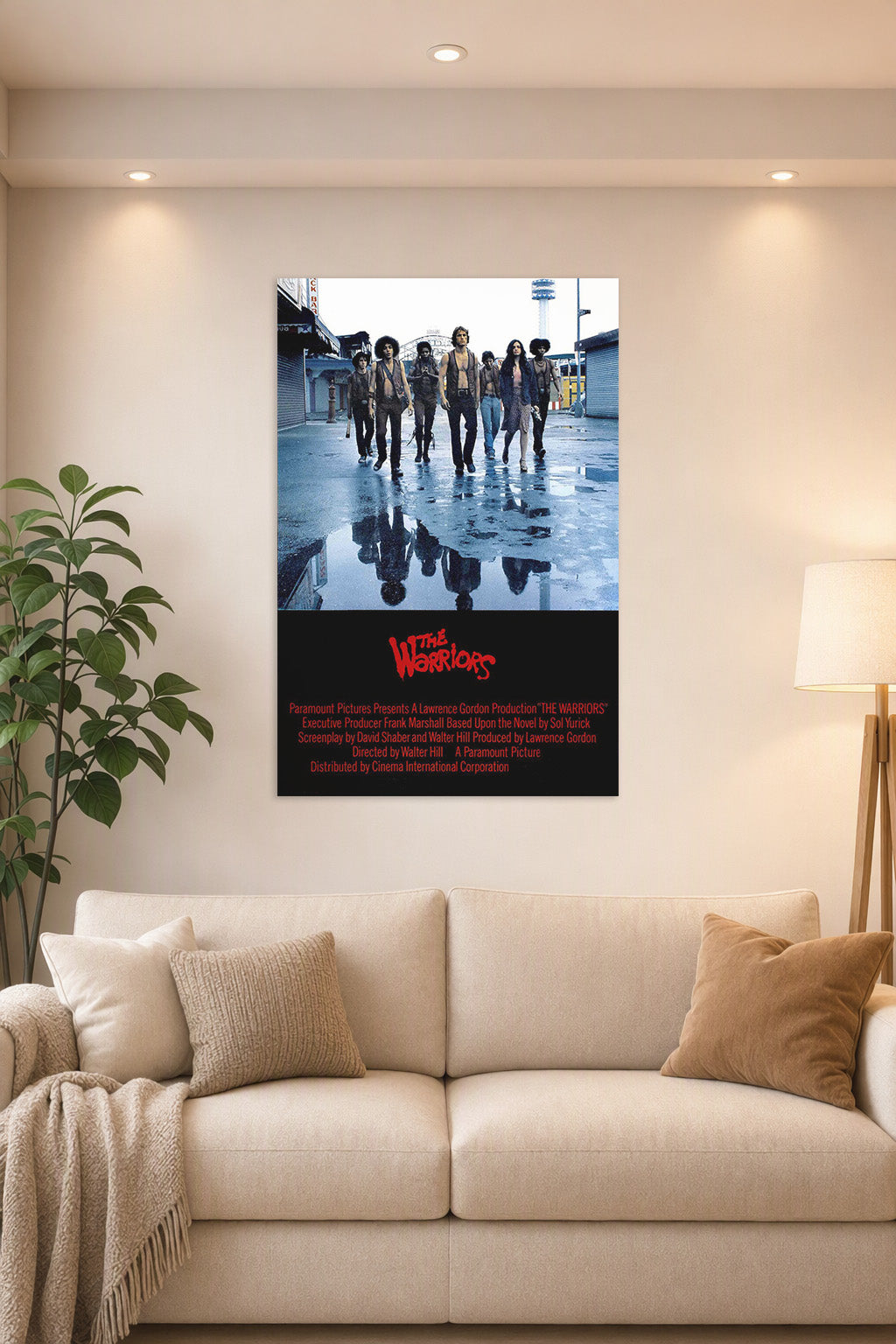 The Warriors Movie in a bright living room above a beige sofa.
