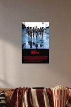 The Warriors Movie in a cozy movie room above a brown sofa with popcorn.