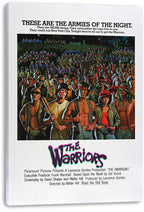 The Warriors canvas wall art print displays a crowded nighttime gang scene, white border, bold headline, and neon-style title.