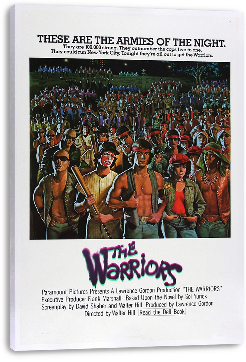 The Warriors canvas wall art print displays a crowded nighttime gang scene, white border, bold headline, and neon-style title.