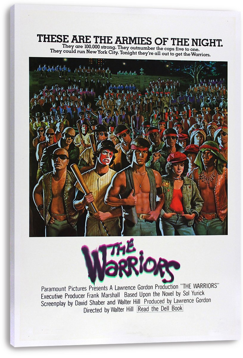 The Warriors movie poster canvas wall art featuring illustrated gangs gathered at night, with the neon-style title on a white border.