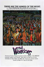 The Warriors movie poster paper print with a nighttime crowd of colorful street gangs and five figures in front beneath bold text.