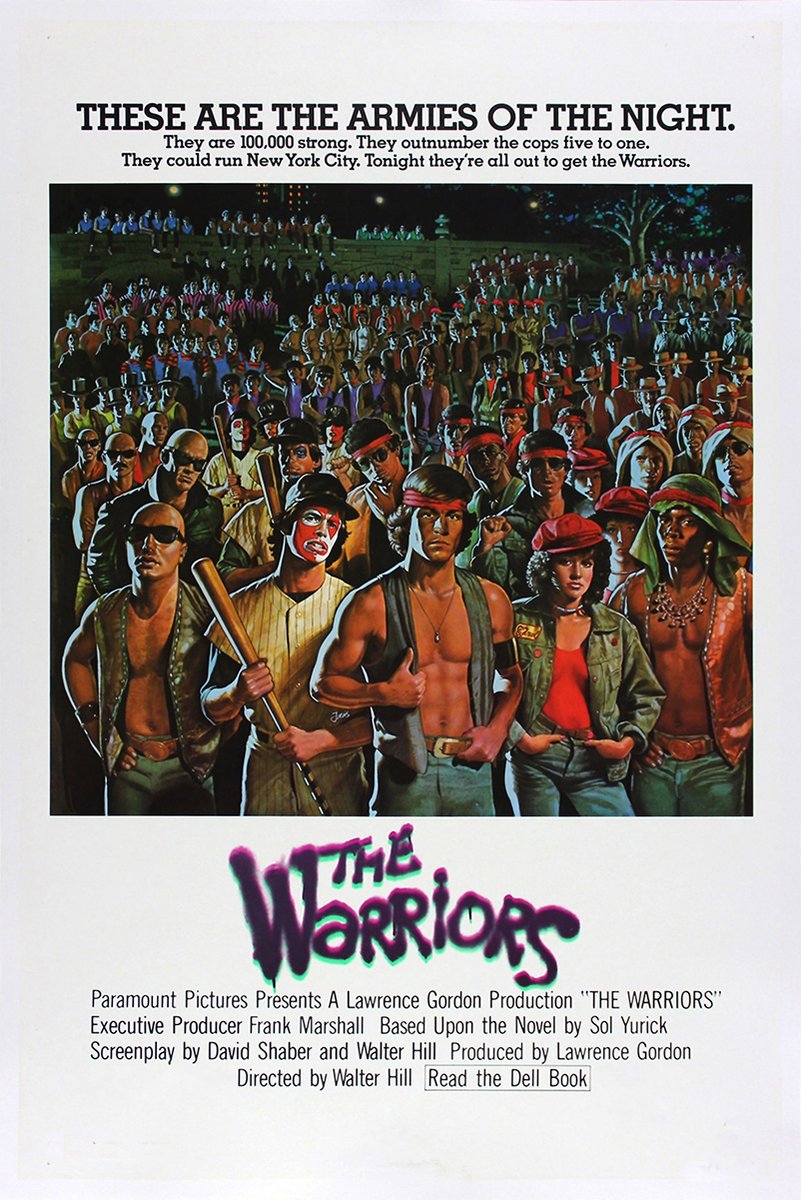The Warriors poster features a nighttime crowd of rival gang members, with bold black headline text and a neon-style title.