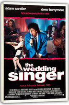 The Wedding Singer canvas wall art print displays a blue-suited singer with a microphone, waitress, musicians, and bold white title text.