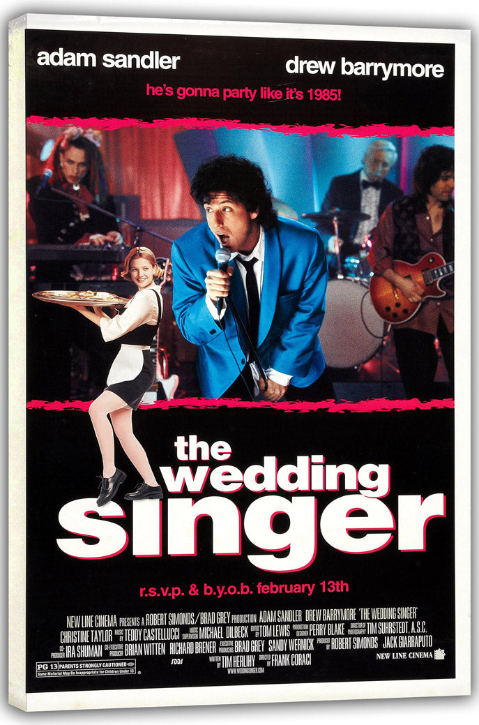 The Wedding Singer canvas wall art print displays a blue-suited singer with a microphone, waitress, musicians, and bold white title text.