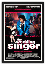 The Wedding Singer framed wall art print features a singer in blue performing beside a waitress and band, set in a black frame.