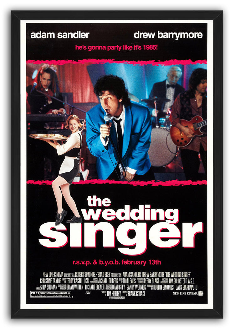 The Wedding Singer framed wall art print features a singer in blue performing beside a waitress and band, set in a black frame.