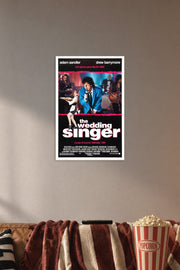 The Wedding Singer Movies in a cozy movie room above a brown sofa with popcorn.