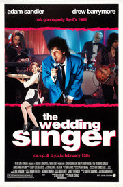 The Wedding Singer poster features Adam Sandler singing in a blue suit, a waitress, and band members on a colorful stage.