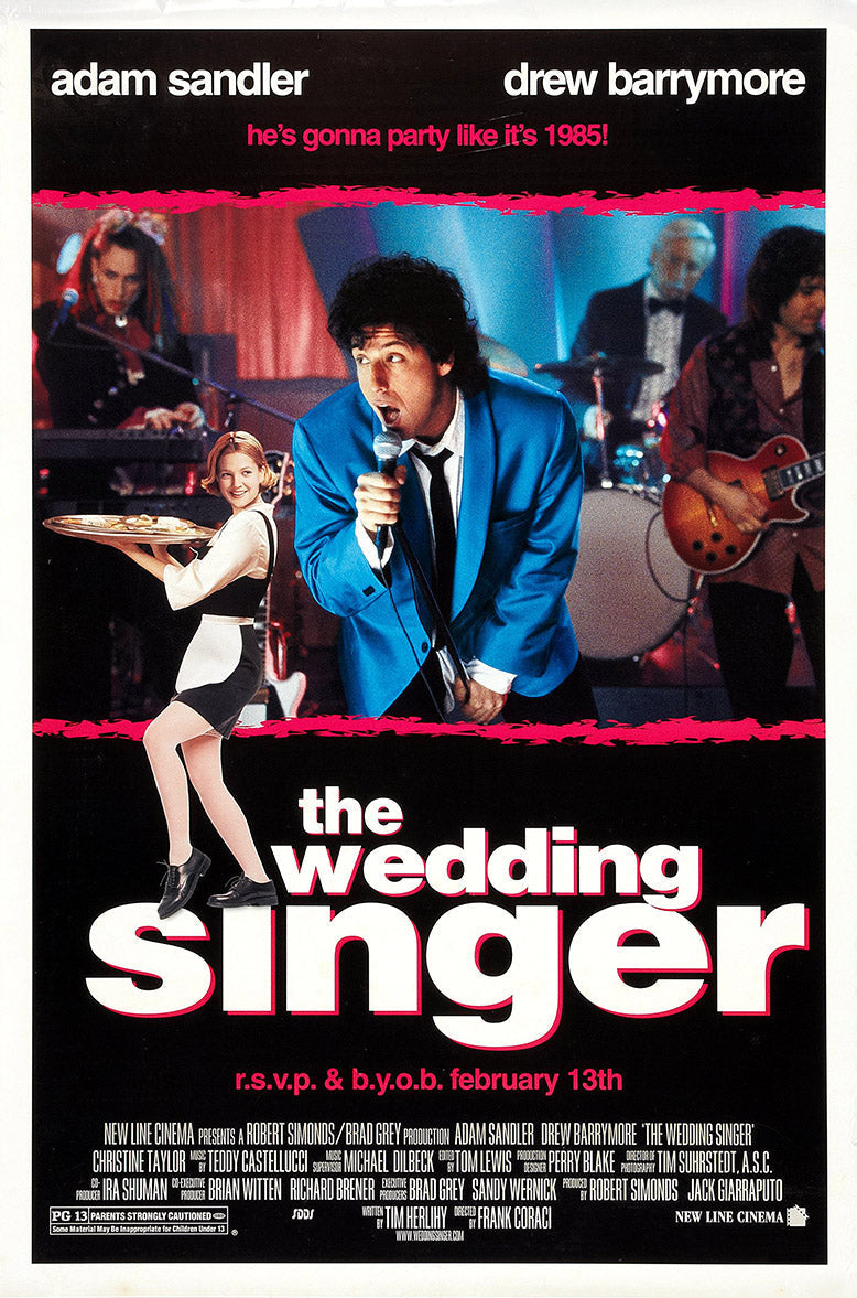 The Wedding Singer poster features Adam Sandler singing in a blue suit, a waitress, and band members on a colorful stage.