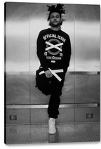 The Weeknd canvas wall art print featuring a black-and-white full-length elevator portrait with a visible wrapped canvas edge.