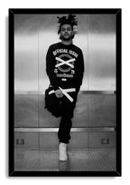 The Weeknd framed wall art print in monochrome, portraying him posed in an elevator in a graphic black sweatshirt.