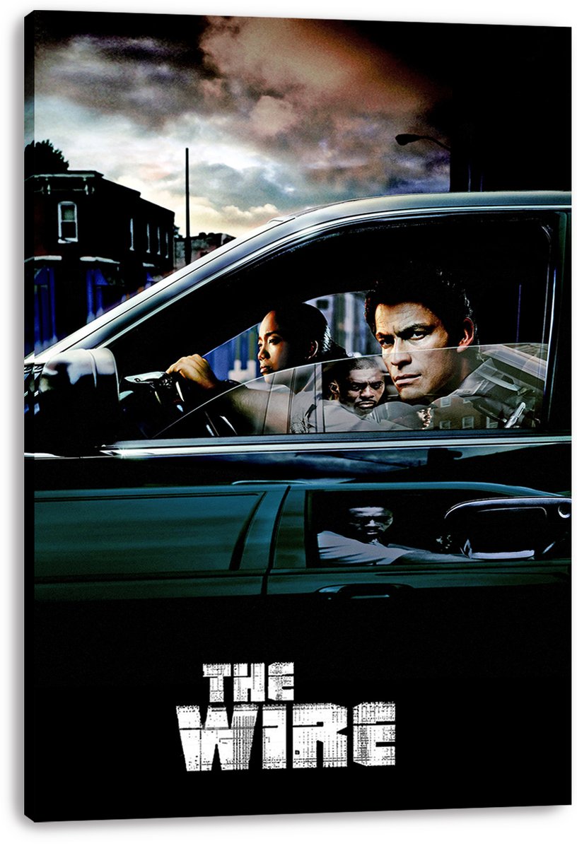 The Wire canvas wall art print displays three men inside a dark car, an urban street beneath stormy clouds, and distressed white lettering.
