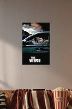The Wire TV Show in a cozy movie room above a brown sofa with popcorn.