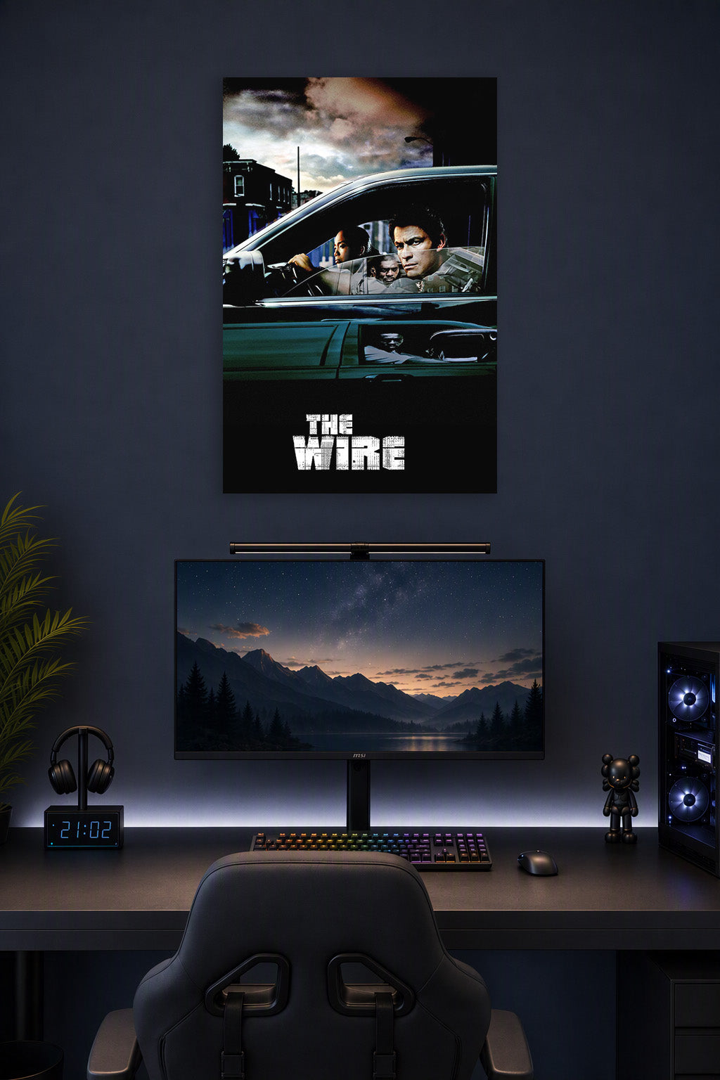 The Wire TV Show in a gaming desk setup above a monitor.
