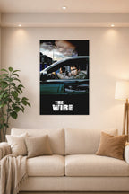 The Wire TV Show in a bright living room above a beige sofa.