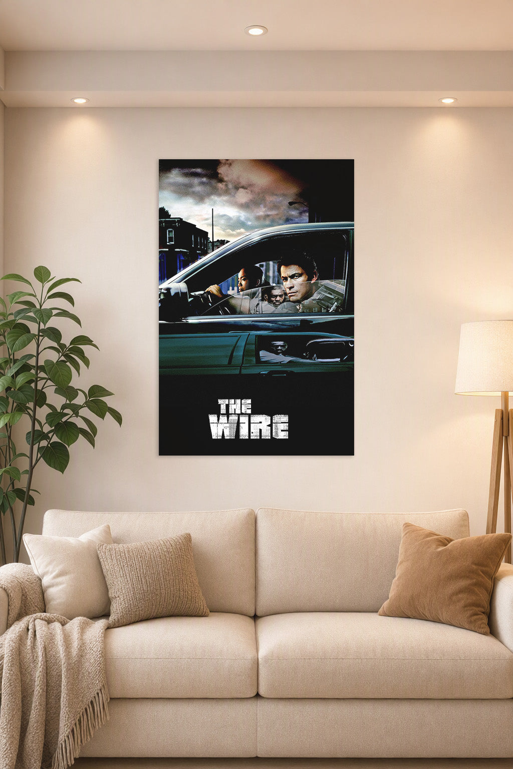 The Wire TV Show in a bright living room above a beige sofa.