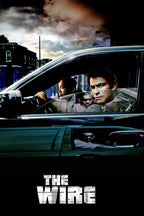 The Wire poster features three serious men seen through a dark sedan's windows beneath a dramatic clouded sky and bold white title text.