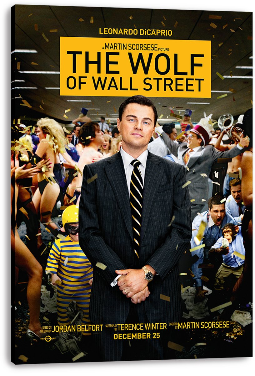 The Wolf of Wall Street canvas wall art print displays Leonardo DiCaprio in a suit amid partying coworkers, confetti, and bold yellow title text.