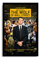 The Wolf of Wall Street framed wall art print features Leonardo DiCaprio in a dark suit, surrounded by a crowded confetti-filled party scene.