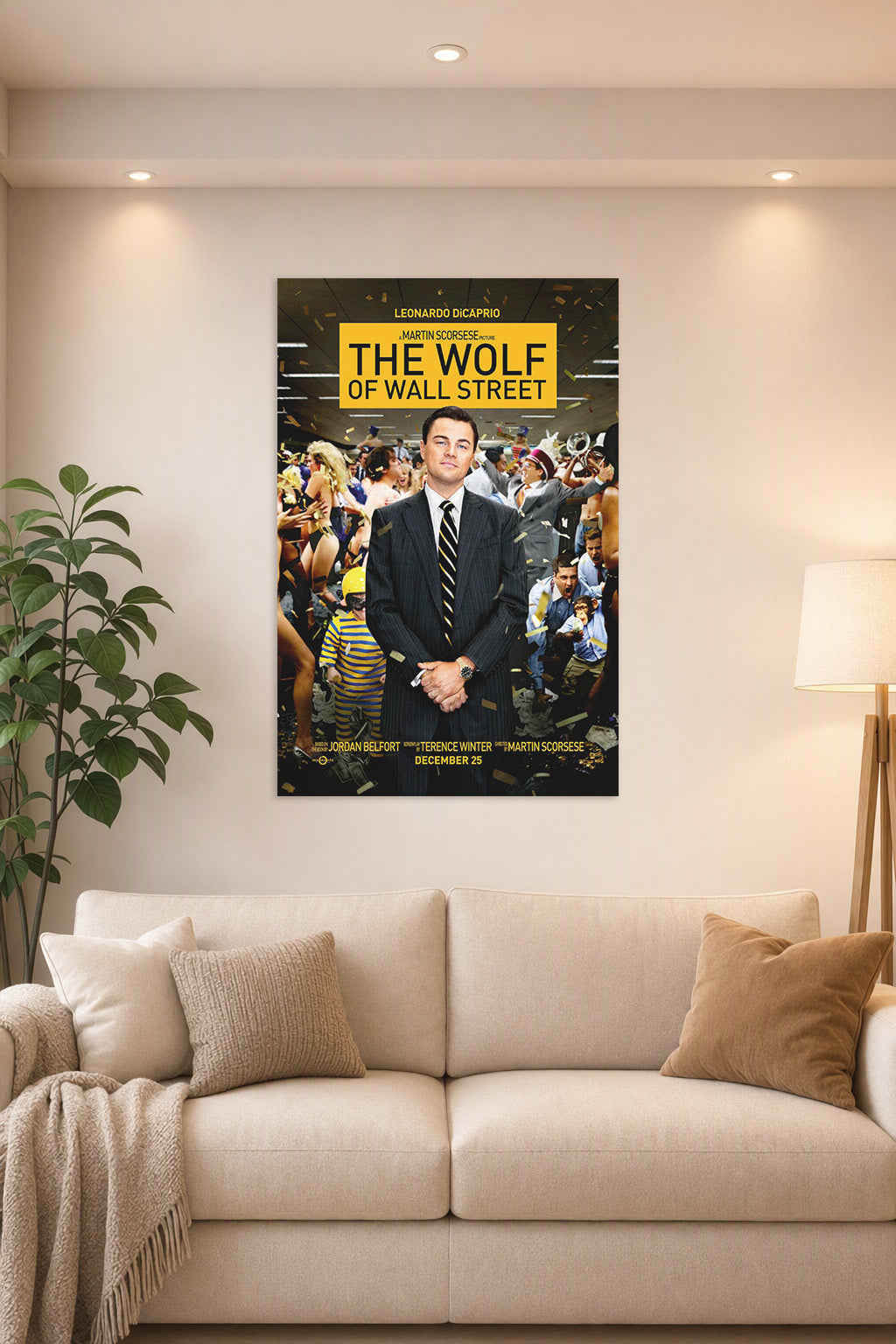 The Wolf of Wall Street Movie in a bright living room above a beige sofa.