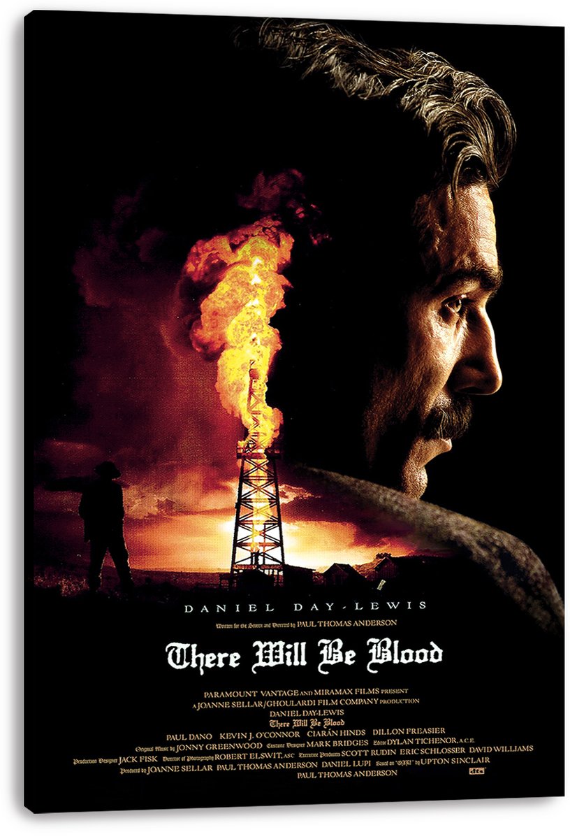 There Will Be Blood canvas wall art print with Daniel Day-Lewis, a flaming oil rig, and dark sunset landscape.