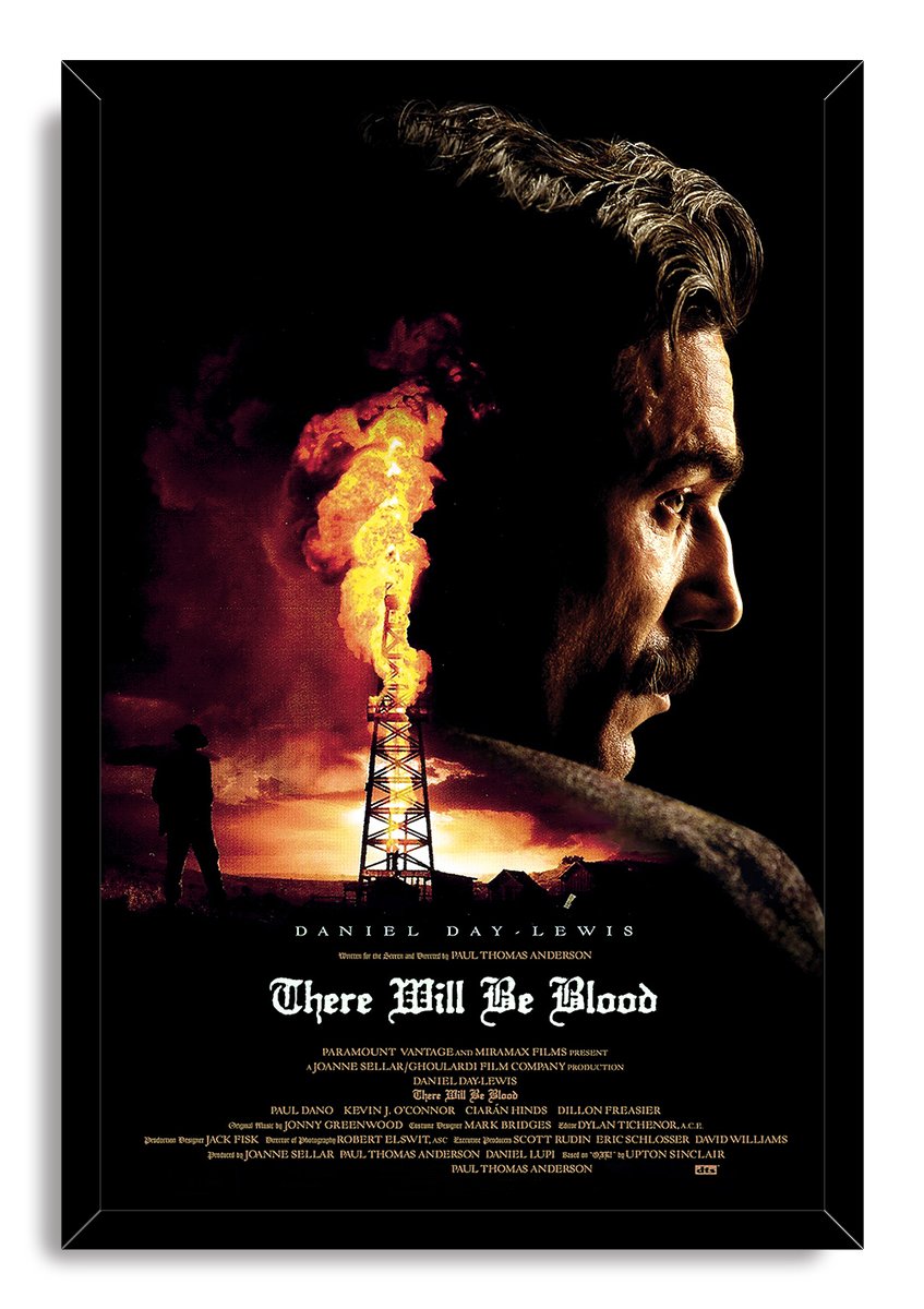 Framed There Will Be Blood wall art print featuring Daniel Day-Lewis beside a burning oil derrick under smoky skies.