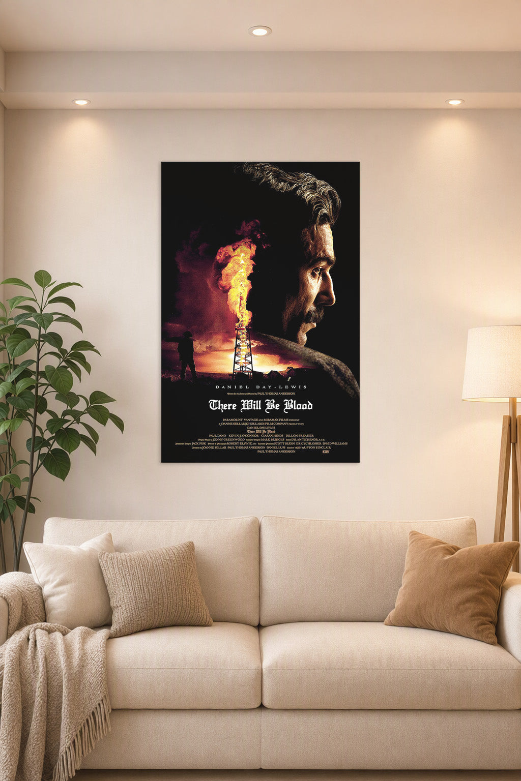 There Will Be Blood in a bright living room above a beige sofa.