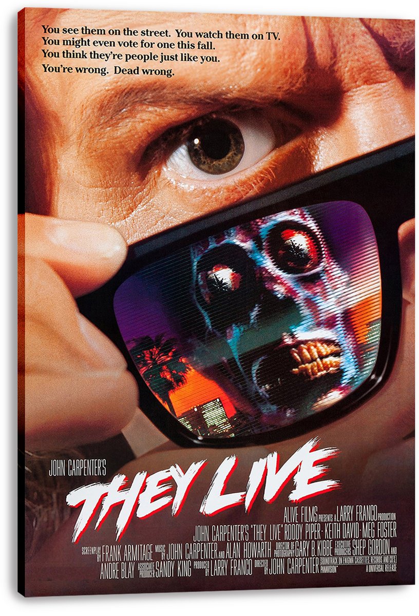 They Live wall art print on stretched canvas depicts a close-up eye and sunglasses revealing a snarling alien face.