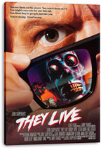 They Live wall art print on stretched canvas depicts a close-up eye and sunglasses revealing a snarling alien face.