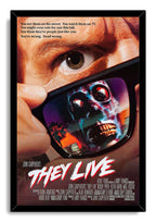 They Live framed wall art print presents a man’s eye above sunglasses reflecting a blue alien against orange city lights.
