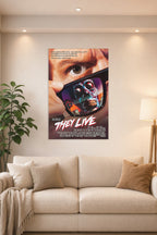 They Live Movie Poster in a bright living room above a beige sofa.