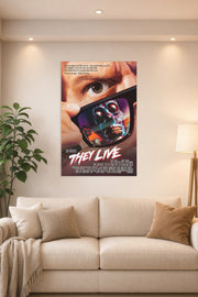 They Live Movie Poster in a bright living room above a beige sofa.