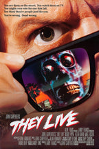 They Live movie poster features a man lifting sunglasses, revealing a blue alien face over neon city lights.