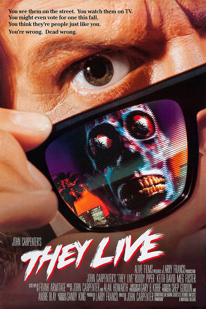They Live movie poster features a man lifting sunglasses, revealing a blue alien face over neon city lights.