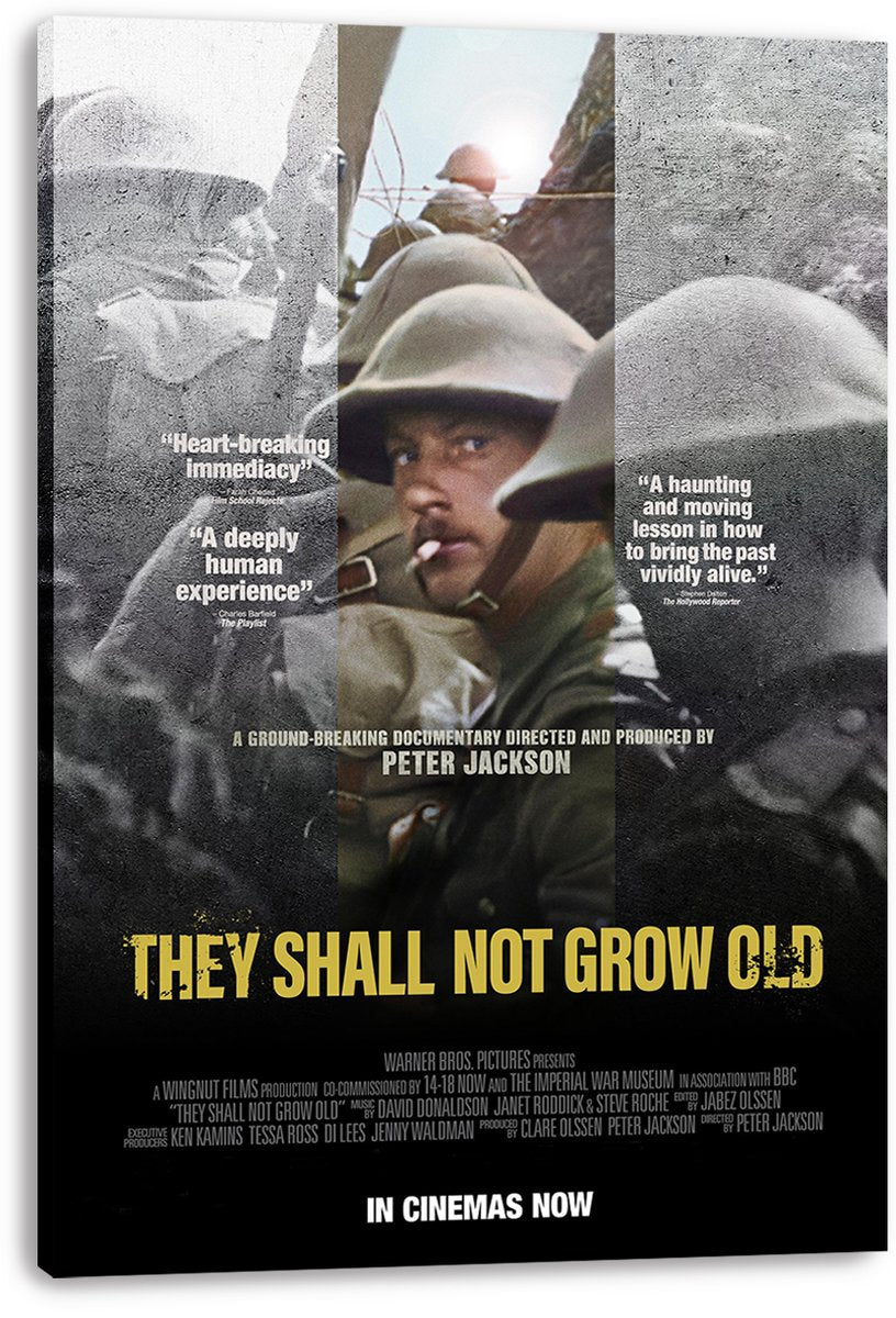They Shall Not Grow Old canvas wall art print with a central helmeted soldier, grayscale side panels, review quotes, and bold yellow lettering.