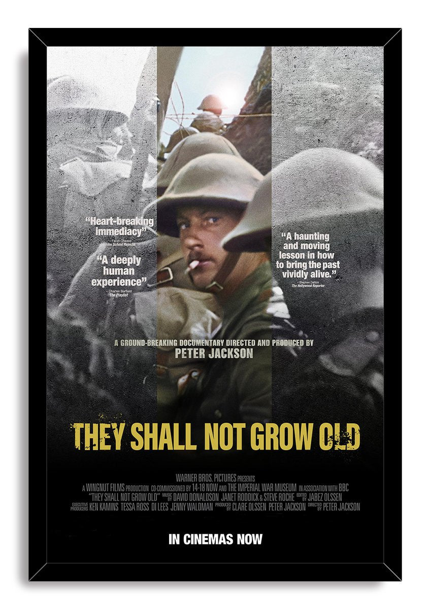 They Shall Not Grow Old framed wall art print featuring trench soldiers in color and black-and-white panels within a slim black frame.