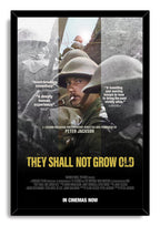 They Shall Not Grow Old framed wall art print featuring trench soldiers in color and black-and-white panels within a slim black frame.