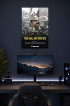 They Shall Not Grow Old Movie Poster in a gaming desk setup above a monitor.