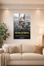 They Shall Not Grow Old Movie Poster in a bright living room above a beige sofa.