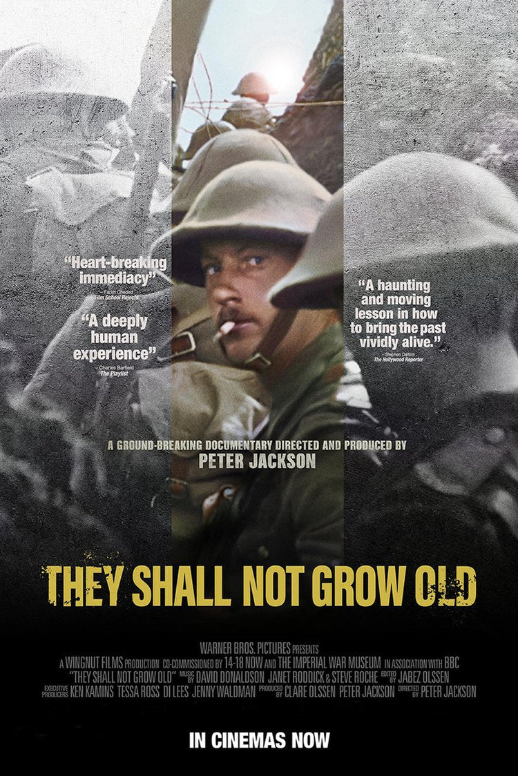 They Shall Not Grow Old movie poster featuring a colorized soldier in a trench between monochrome wartime portraits and yellow title text.