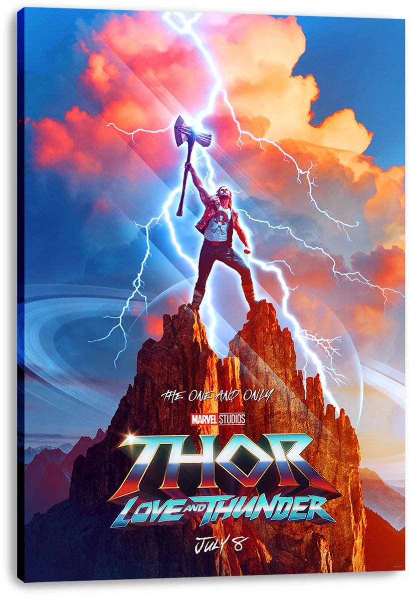 Thor Love and Thunder canvas wall art print presents Thor with raised Stormbreaker on jagged cliffs beneath bright lightning and colorful clouds.