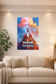 Thor Love and Thunder in a bright living room above a beige sofa.