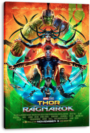Thor Ragnarok canvas wall art print displays Thor holding two swords beneath Hela and Hulk in a colorful cosmic collage.