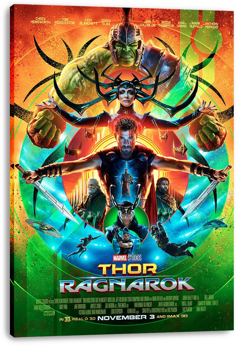 Thor Ragnarok canvas wall art print displays Thor holding two swords beneath Hela and Hulk in a colorful cosmic collage.