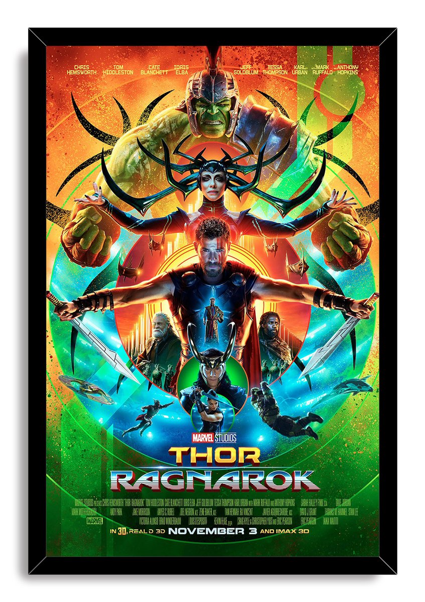 Thor Ragnarok framed wall art print presents Thor, Hela, Hulk and Loki in a vivid orange, green and blue superhero montage.
